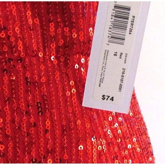 Designer Premier Amour Red Sequin Midi Length Spaghetti Strap Pencil Dress 16.R - Picture 8 of 16